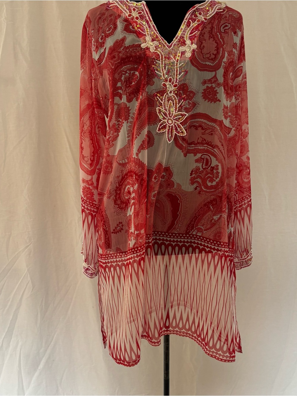 Raj 100% Silk Beaded Paisley Tunic Cover-up XL Boho Luxe Resort Beach Goddess